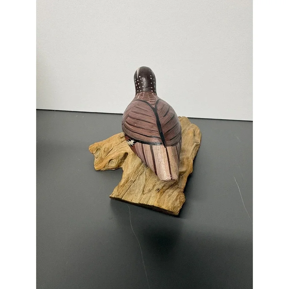 Vintage Hand Carved Painted Wood Bobwhite Quail Bird Figurine Driftwood Base